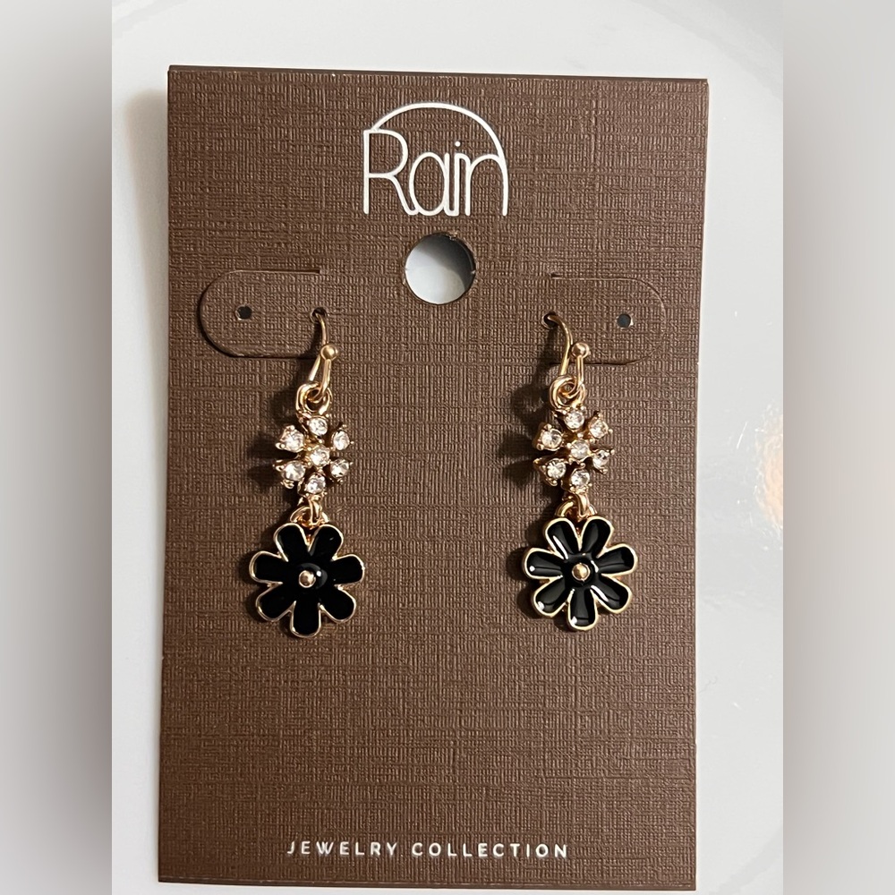 Rain Elegant Black Enamel and Gold Floral Earrings crystals